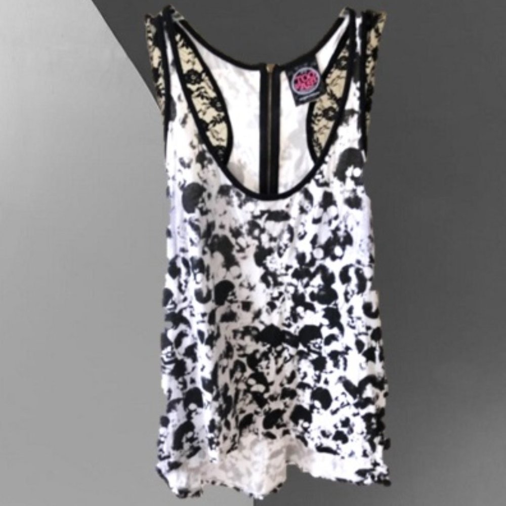 Too Fast Black and White Tank Top Lace accents